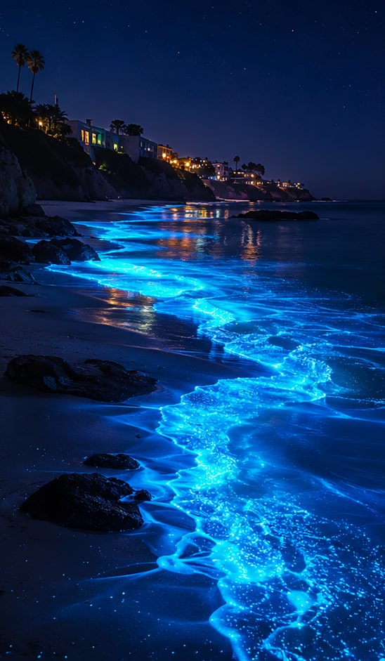 A dark beach at night where the breaking surf glows with intense bioluminescent cyan light