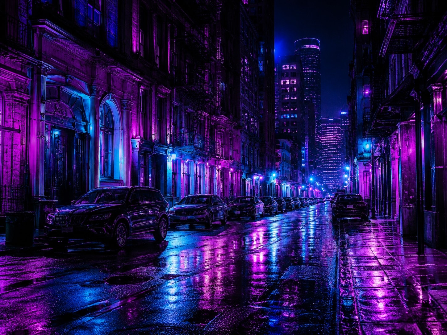 A city street at night transformed into electric violet, magenta and cyan light