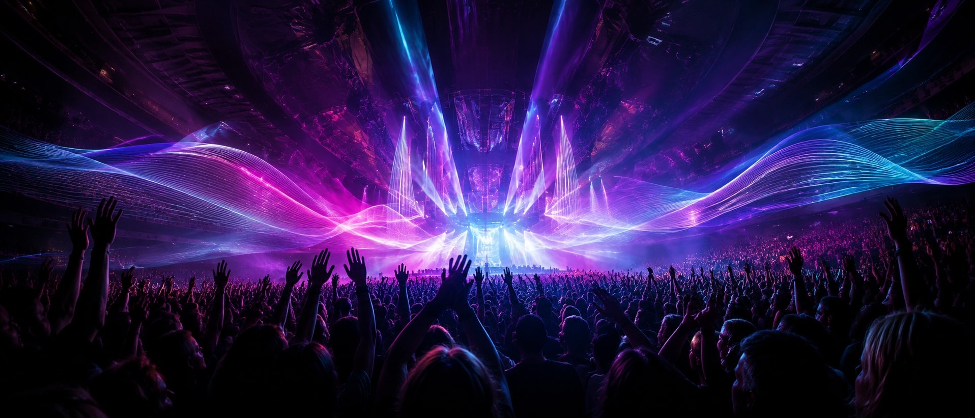 A packed concert venue with hands raised, the air filled with sweeping cyan and magenta waveforms of light