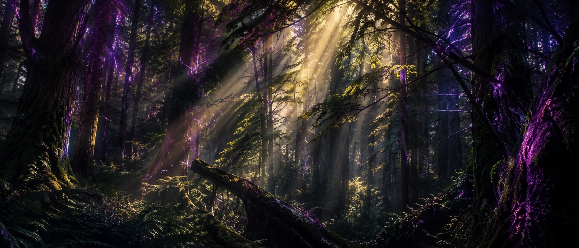 An old-growth forest where golden shafts of light fall through the canopy and violet luminescence traces the trunks and branches