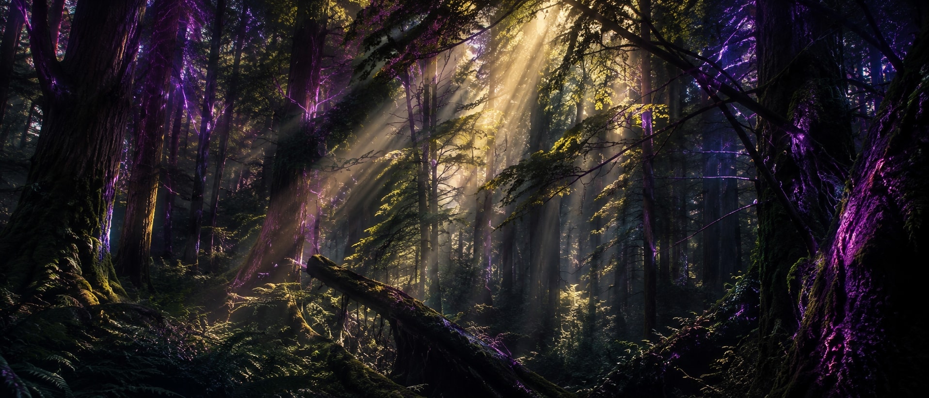 An old-growth forest with golden shafts of light through the canopy and violet luminescence tracing the trunks