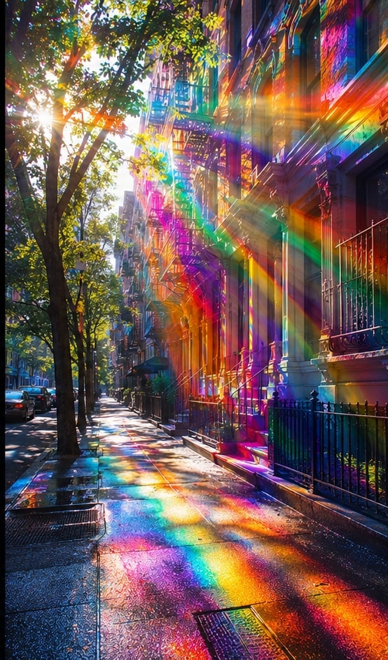 A sunlit residential street where sunlight is refracted into vivid spectral rainbows across the pavement and buildings