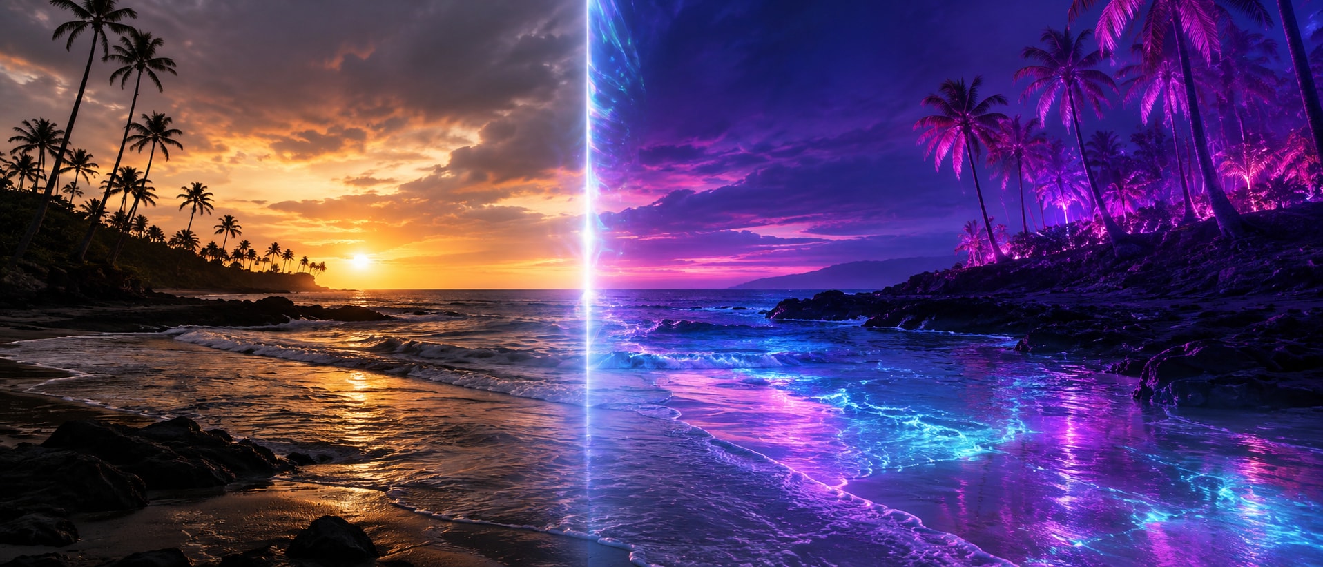 The same shoreline shown twice in one frame: natural sunset on the left, fully modulated cyan, violet and magenta on the right