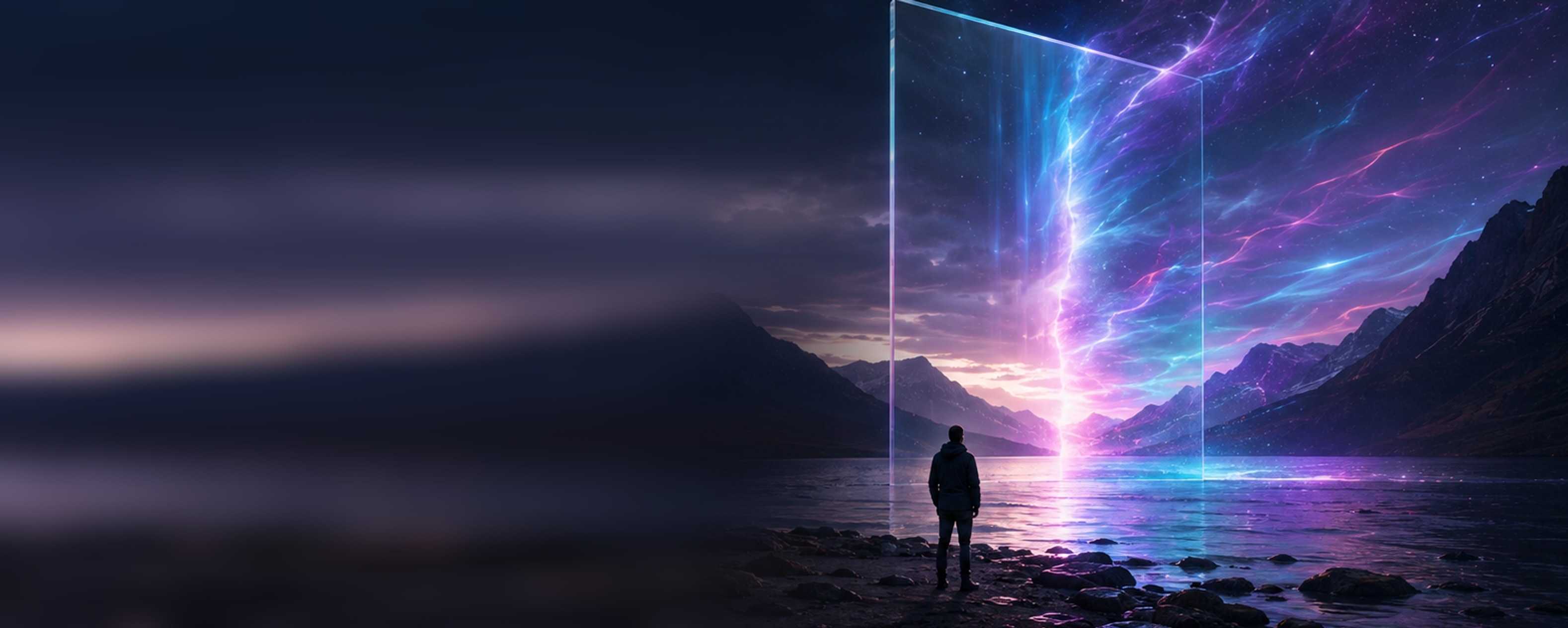 A figure standing at the edge of a mountain lake at dusk, facing a tall pane of glass through which the sky is transformed into cyan, violet and magenta light