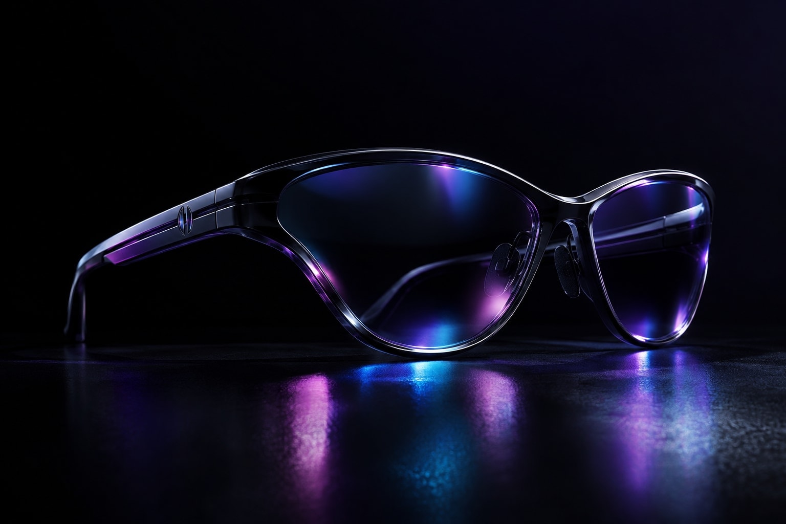 VibraGlass eyewear in profile against black, its lenses carrying cyan, violet and magenta spectral reflections